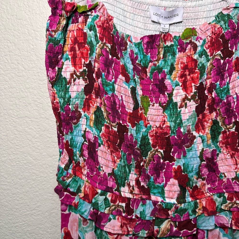 Lost + Wander Floral Smocked Tiered Maxi Dress with Tassel Tie Straps Multi L - Picture 6 of 7